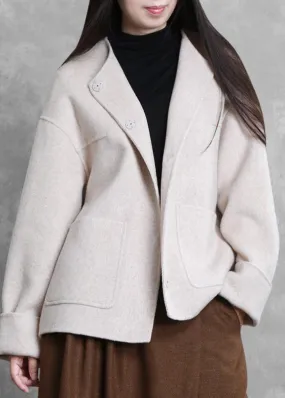 New plus size winter coats beige o neck pockets Woolen Coats