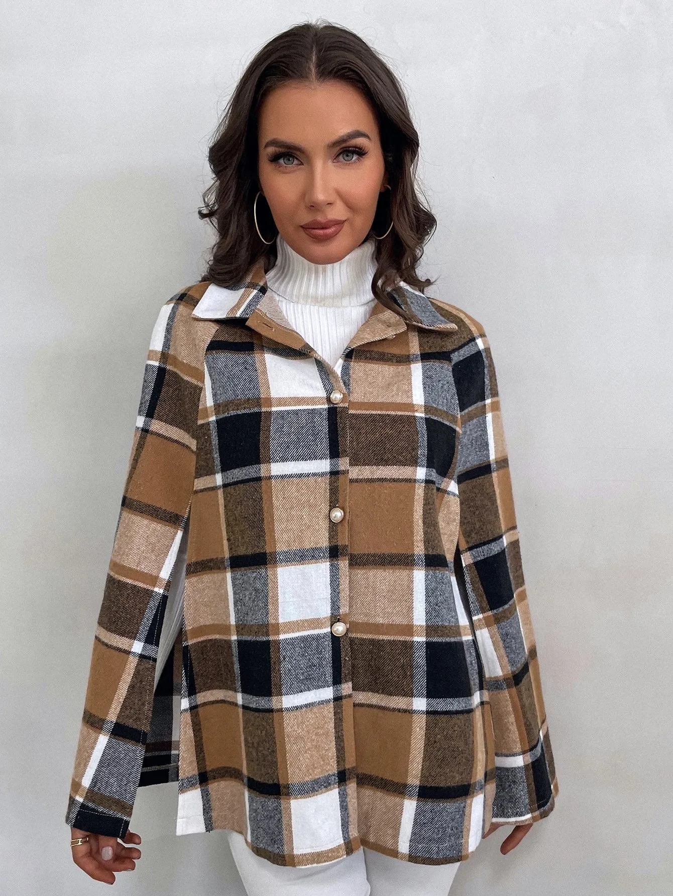 Plaid Button Front Long Sleeve Collar Short Women Overcoat