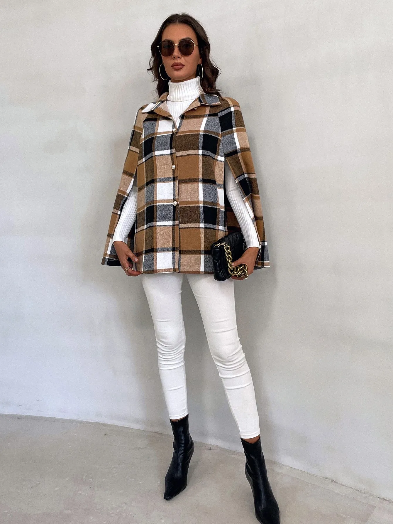 Plaid Button Front Long Sleeve Collar Short Women Overcoat