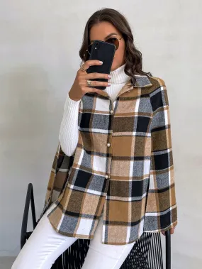 Plaid Button Front Long Sleeve Collar Short Women Overcoat