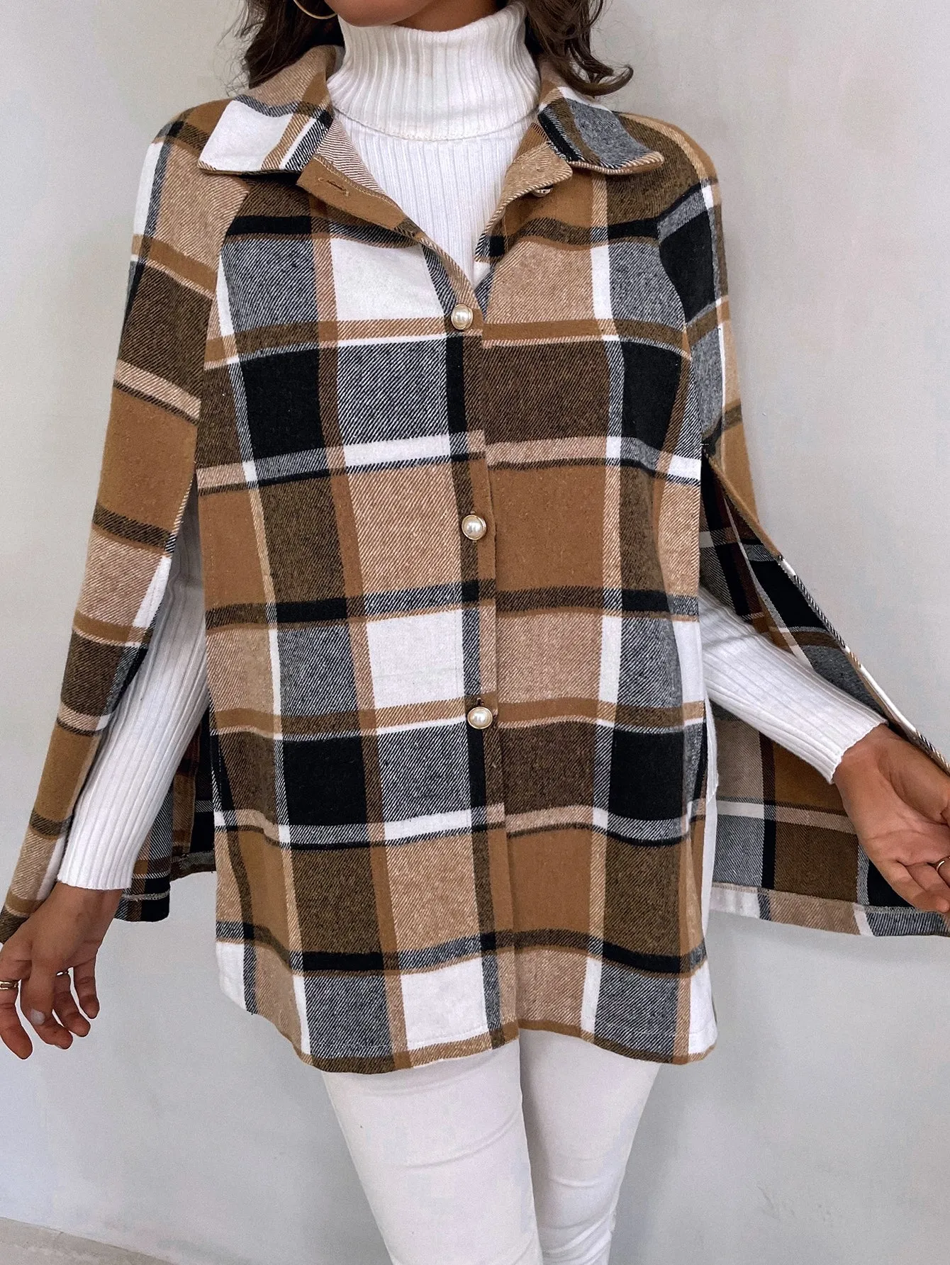 Plaid Button Front Long Sleeve Collar Short Women Overcoat