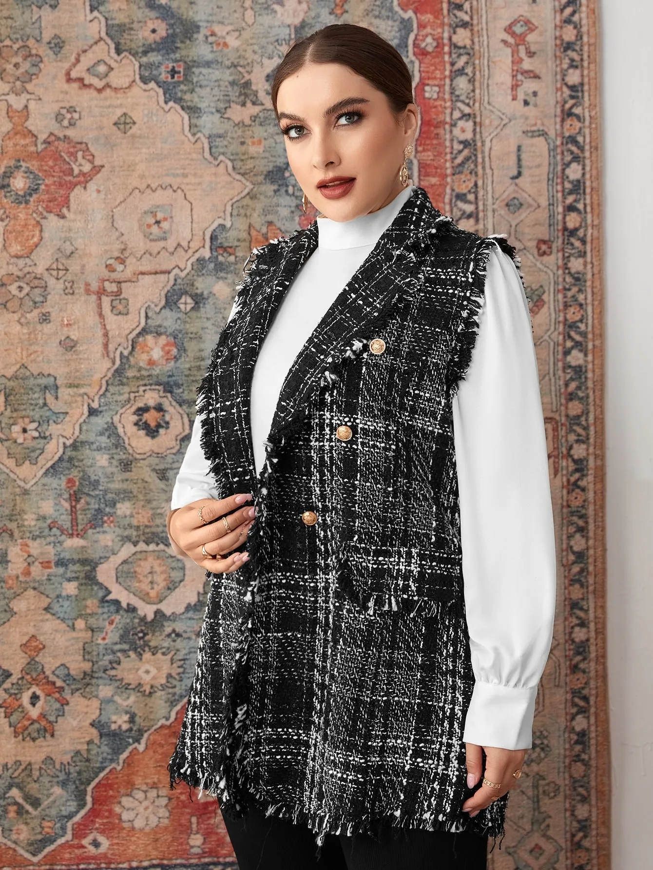 Plaid Button Front Sleeveless Lapel Short Plus Size Overcoat