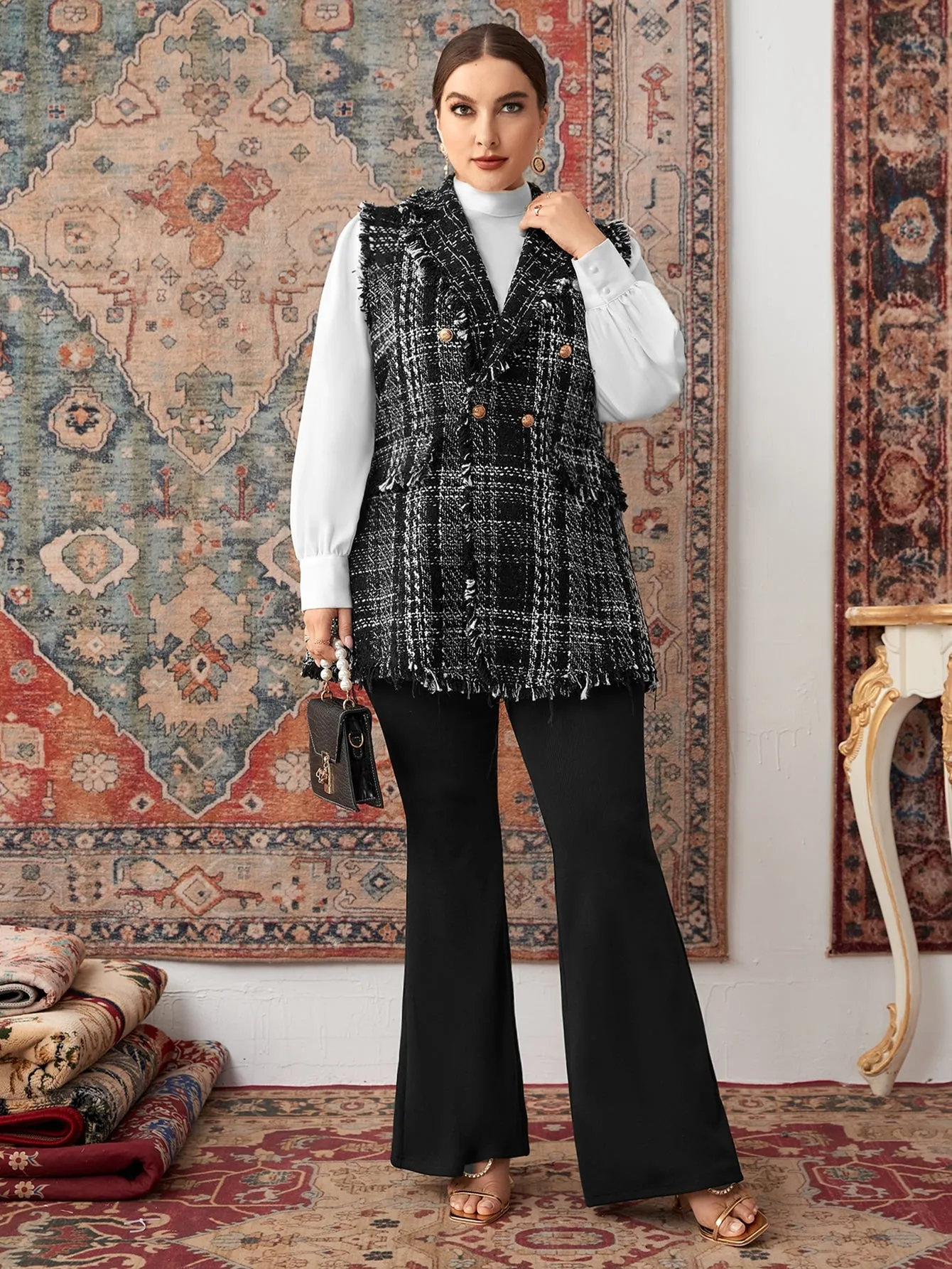 Plaid Button Front Sleeveless Lapel Short Plus Size Overcoat