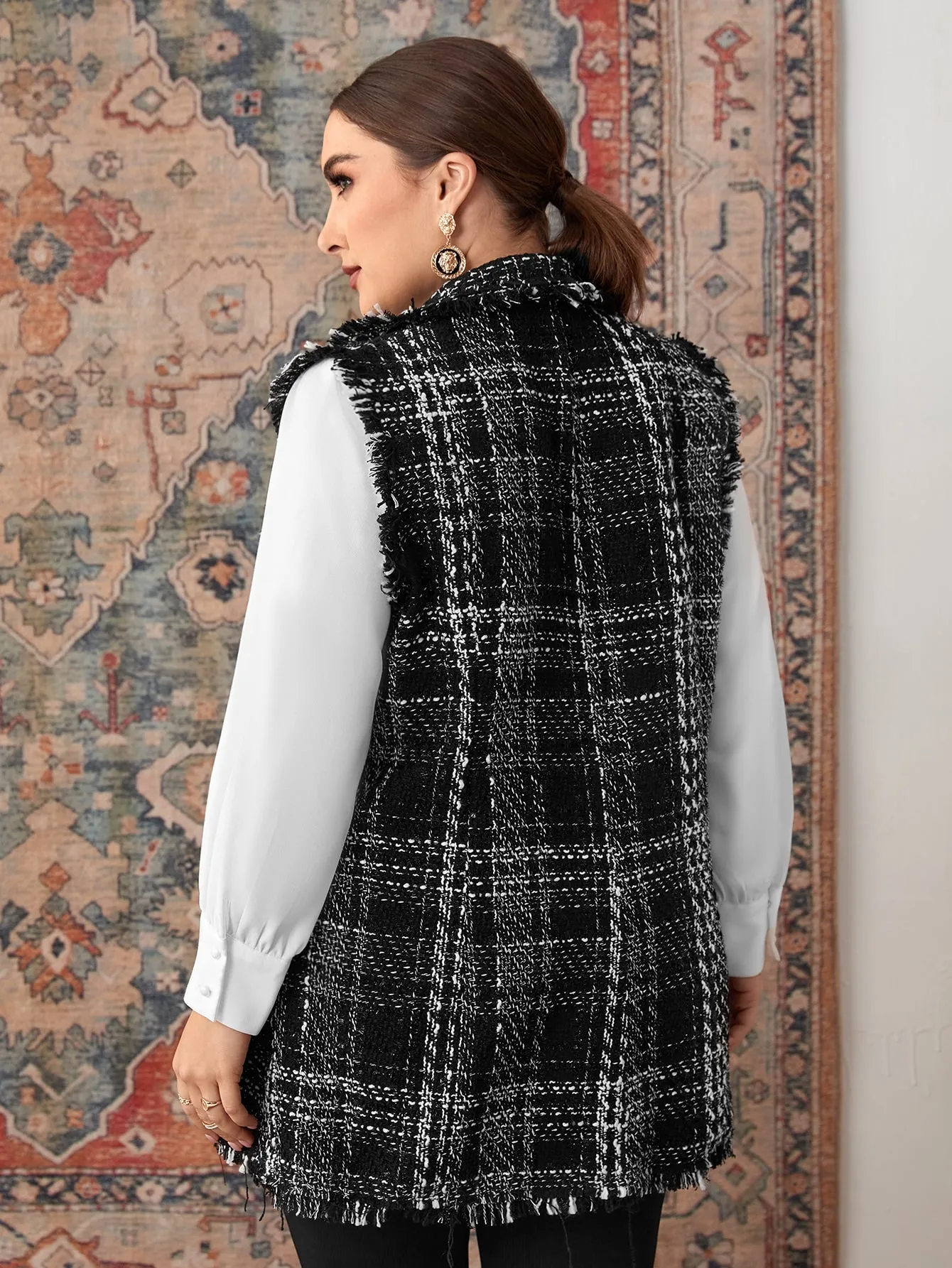 Plaid Button Front Sleeveless Lapel Short Plus Size Overcoat