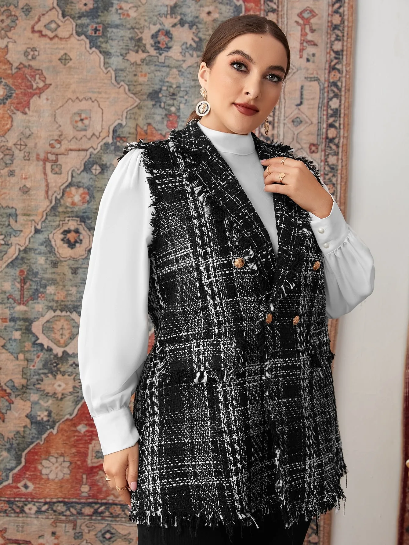 Plaid Button Front Sleeveless Lapel Short Plus Size Overcoat