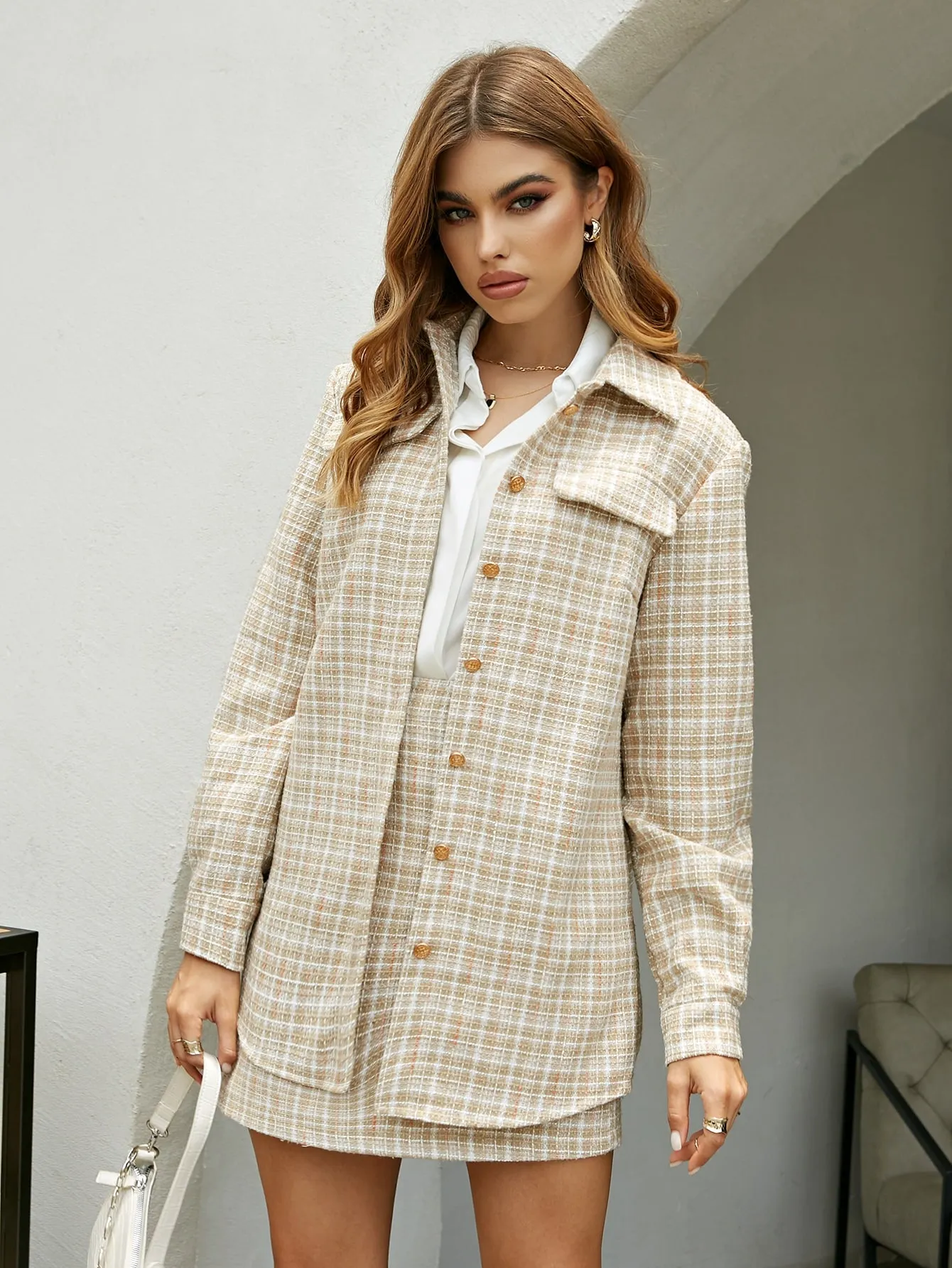 Plaid Fake Pockets Long Sleeve Collar Short Women Overcoat