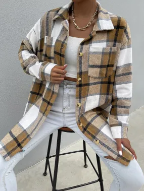 Plaid Pocket Long Sleeve Collar Knee Length Women Overcoat