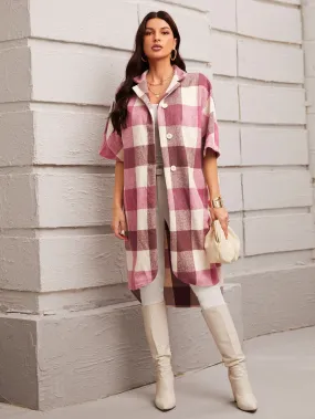 Preppy Plaid Button Front Half Sleeve Collar Asymmetrical Short Women Overcoat