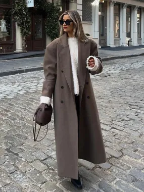 thanksgiving outfit Joskaa Casual Woolen Long Coats Women Vintage Loose Double-Breasted Lapel Shoulder Pads Overcoats 2024 Winter Solid High Street Outwear