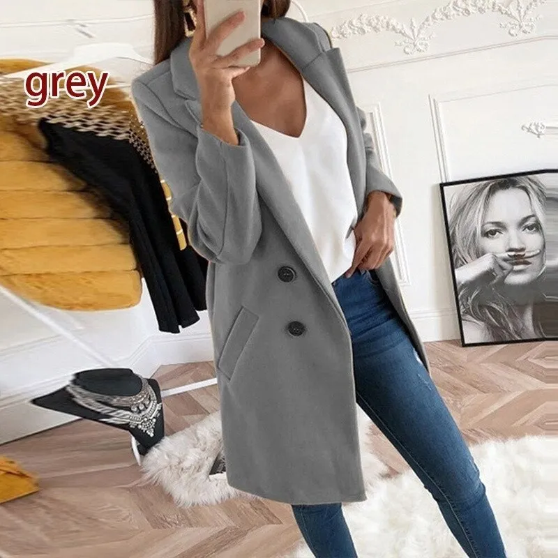 Wenkouban Women Turn-Down Collar Coats Autumn Winter Fashion Long Sleeve Pocket Vintage Jackets Slim Button Solid Casual Outwear Overcoats