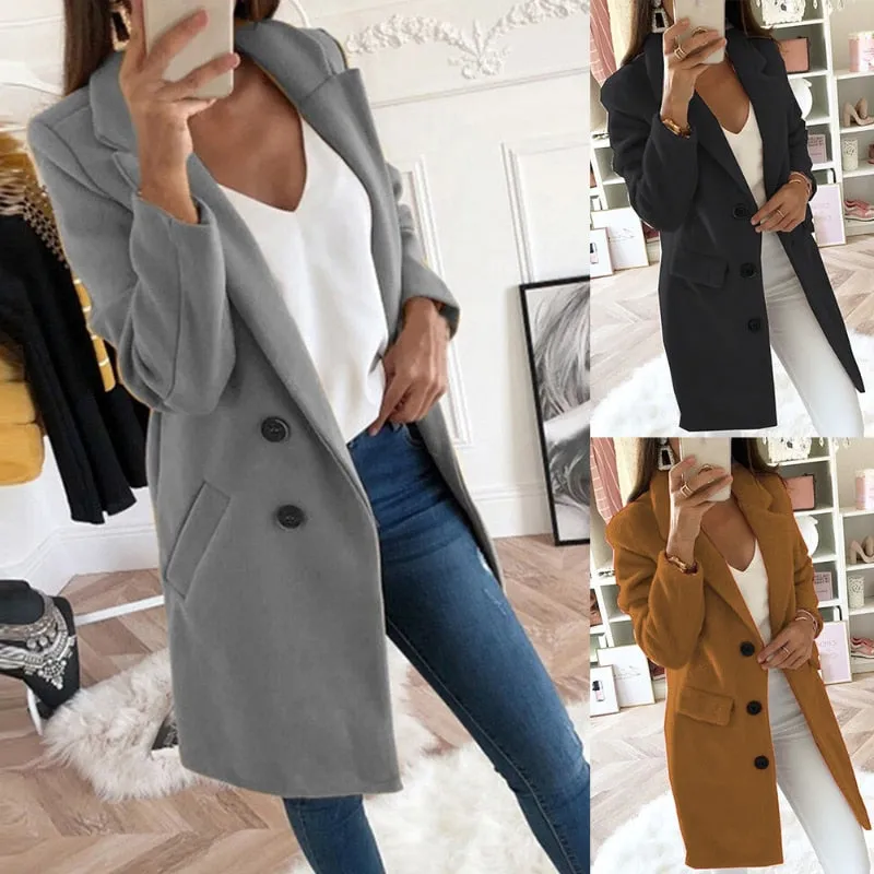 Wenkouban Women Turn-Down Collar Coats Autumn Winter Fashion Long Sleeve Pocket Vintage Jackets Slim Button Solid Casual Outwear Overcoats