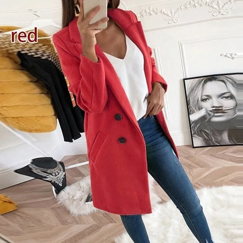 Wenkouban Women Turn-Down Collar Coats Autumn Winter Fashion Long Sleeve Pocket Vintage Jackets Slim Button Solid Casual Outwear Overcoats