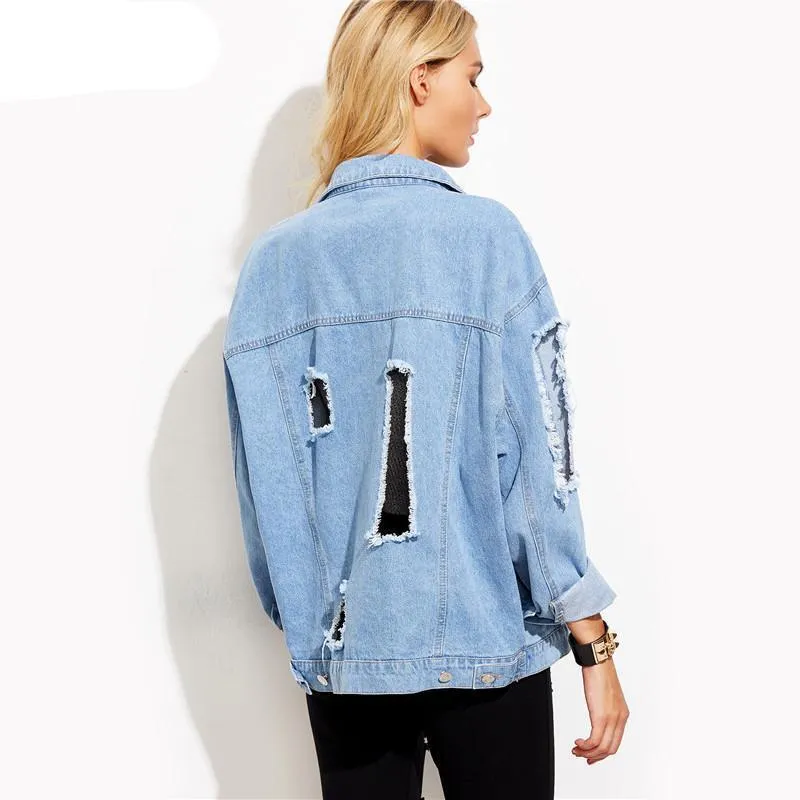 Women Blue Lapel Long Sleeve Single Denim Jacket