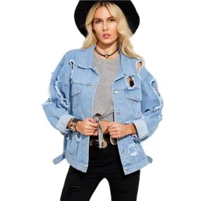 Women Blue Lapel Long Sleeve Single Denim Jacket