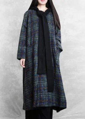 women Loose fitting long coats blue plaid hooded patchwork Woolen Coats